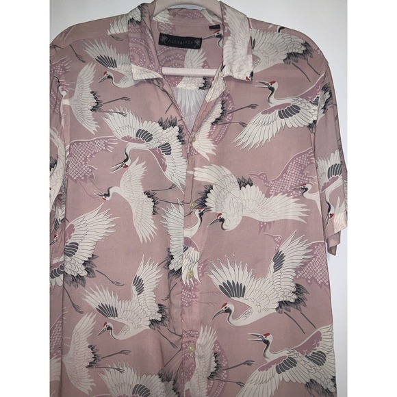 All Saints Pink Crane Print Casual Button Down Shirt - Picture 2 of 6